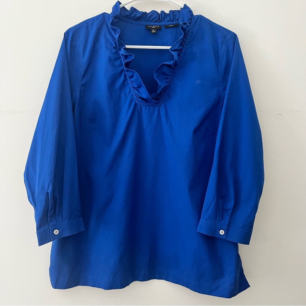 Talbots Royal Blue Ruffle Blouse size large petite